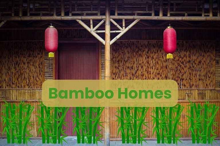 A bamboo house with Chinese lanterns hanging outside and the words "Bamboo Homes" overlain.