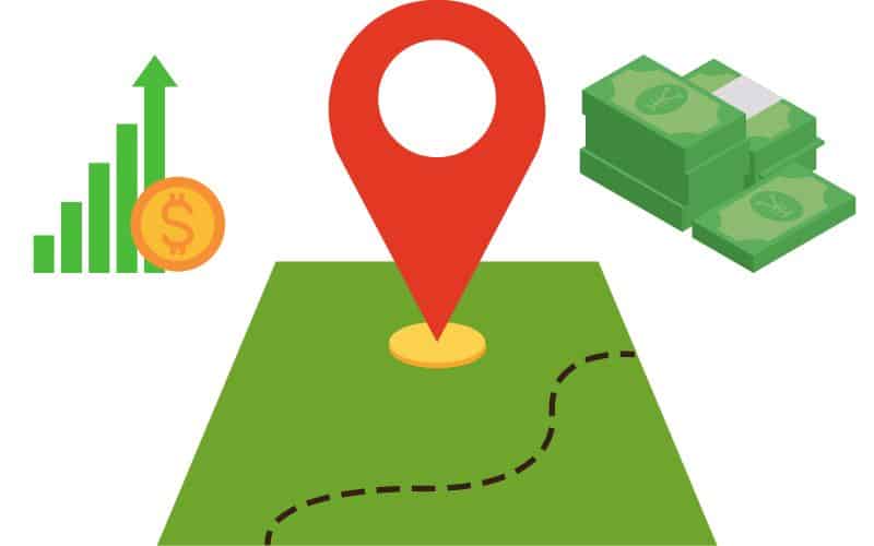 A stylized map cartoon showing a marker pin and symbols representing money.