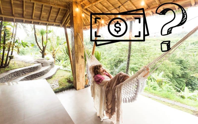 A picture of a woman lying in a hammock on the porch of a bamboo house. There is a cartoon money symbol with a question mark to represent the question "how much do bamboo homes cost?"