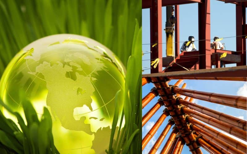 A picture of a model green world sitting in green grass. On the right of the image are two images, on e of steel construction, the other of bamboo building.