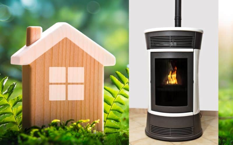 A model wooden house set in a leafy green environment on the left. There is a pellet stove on the right.