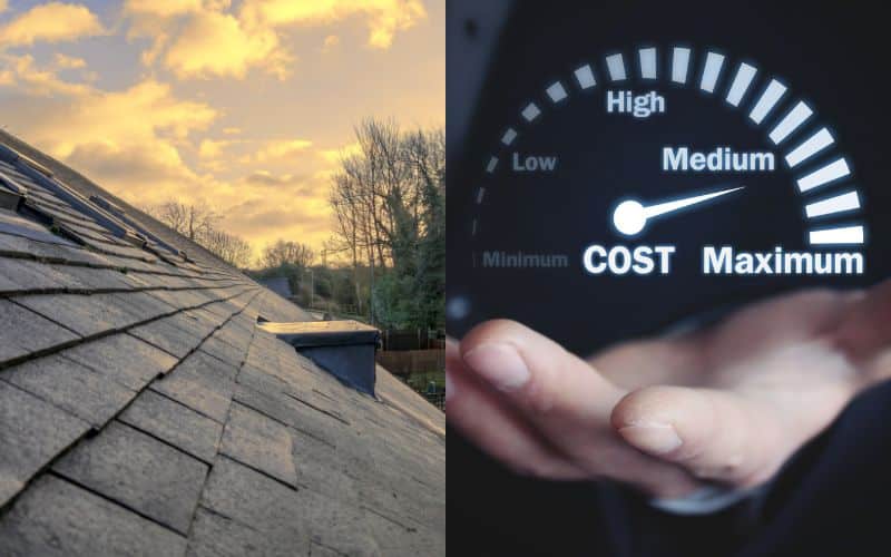 A pitched roof with cloudy sunset in the background. The right hand side of the image has a hand holding a cost gauge to suggest cost.