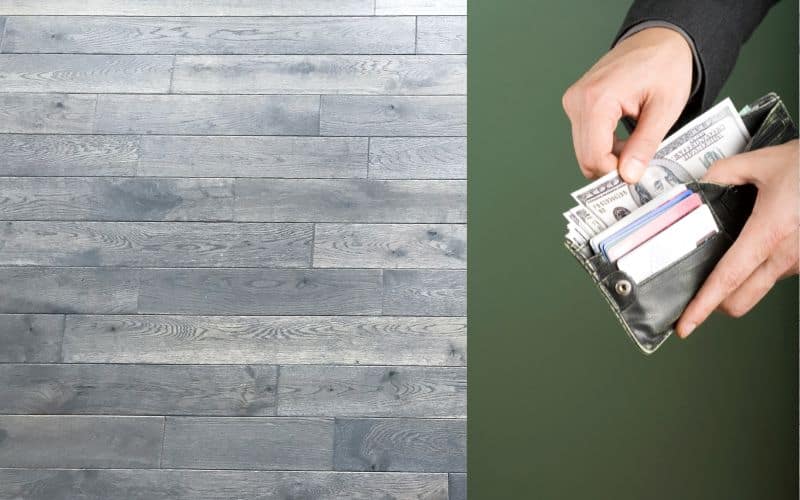 Hemp wood flooring with a picture of a man taking money out of his wallet to indicate it costs a lot.