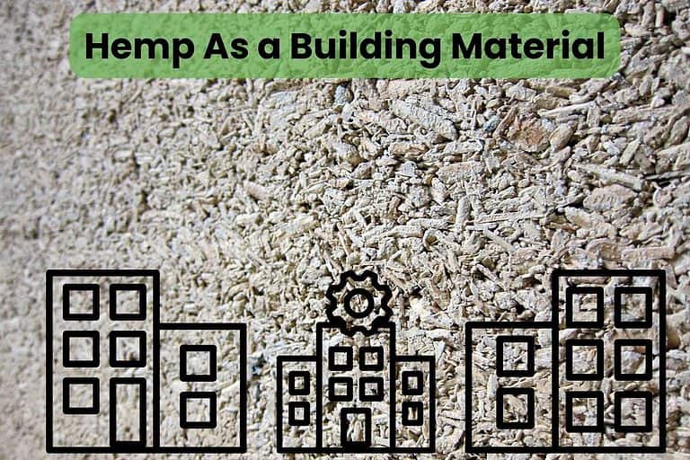 A closeup of a hemp wall with cartoon buildings overlain at the bottom of the image and the words "Hemp as a Building Material" at the top.