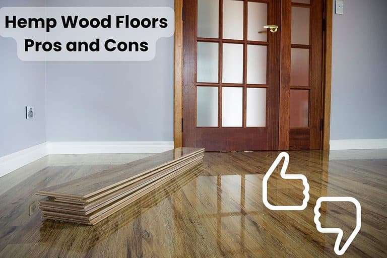 Image of a hemp wood floor being fitted, showing a neatly-stacked pile of tongue and groove hemp wood in front of a plain wall with a glass door to the right. The words "Hemp wood floors, Pros and Cons" are overlain.