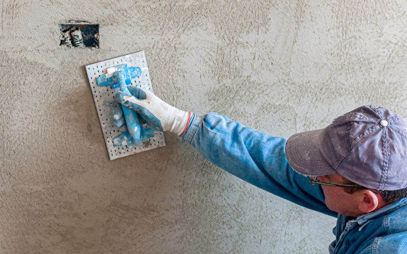 A man plastering a wall with a float. There is an electrical outlet box visible in the wall and the man is wearing a cap and overalls.