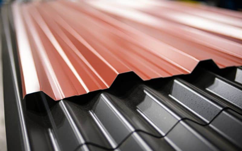 Corrugated metal roofing materials. There is a sheet of black corrugated material below a sheet of orange material of the same cross-sectional profile.