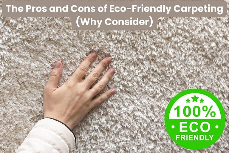 A luxurious, cream-colored carpet with a hand feeling the pile. The title "The Pros and Cons of Eco Friendly Carpeting (Why Consider)" is emblazoned across the top and there is a "100% Eco-Friendly" badge in the bottom right corner.