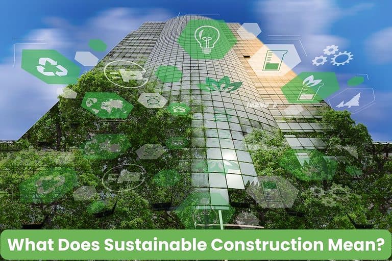 A picture of a high-rise building with lots of glass windows and greenery incorporated. There are symbols overlain to indicate recycling, sustainable forests etc. Across the bottom, the following words are written: "What Does Sustainable Construction Mean?"