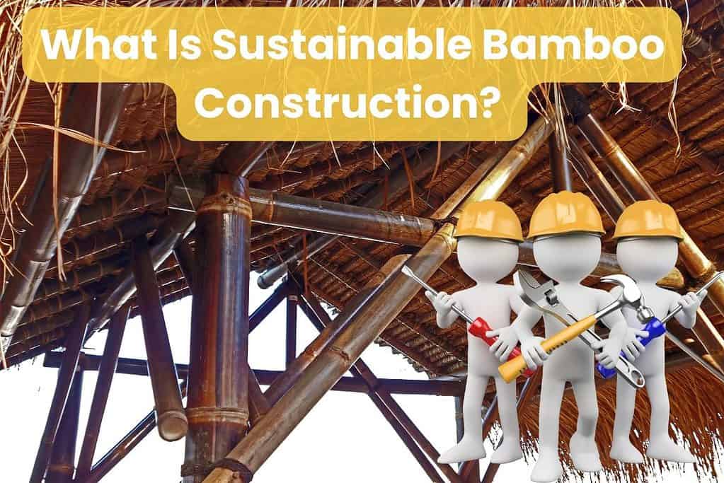 A picture of a bamboo-framed building with a bamboo thatch roof. There are some cartoon builders in the bottom right and the words "What is sustainable bamboo construction?" written across the top of the image.