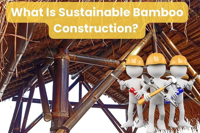 A picture of a bamboo-framed building with a bamboo thatch roof. There are some cartoon builders in the bottom right and the words "What is sustainable bamboo construction?" written across the top of the image.