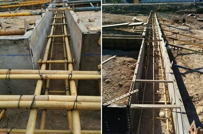 Bamboo framing for reinforcing concrete in foundations. The bamboo is ready for the concrete to be poured into the excavation to form the founds.