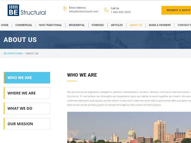 A screenshot of BE Structural's About page.