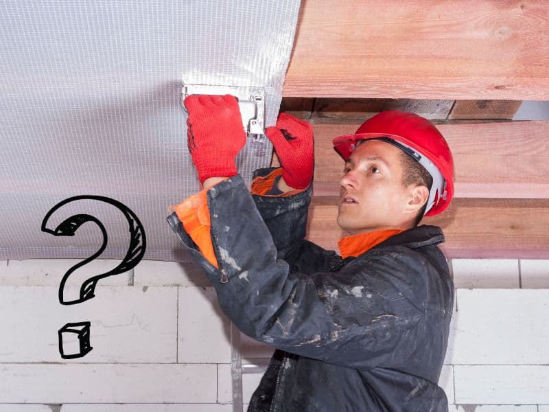 A worker in blue overalls, red hardhat and red gloves stapling a vapor barrier to the ceiling of a building. In the bottom left of the image is a black cartoon question mark.