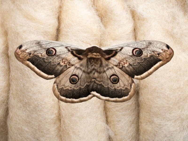 A moth resting on rolls of sheep's wool. The moth is brown with four prominent dots on its wings.