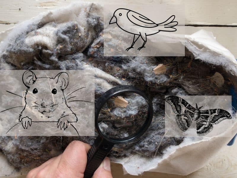 A picture of a bag of dark-colored wool. overlain on the wool are drawings of a rat, a bird and a moth. There is also a hand with a magnifying glass examining the wool.