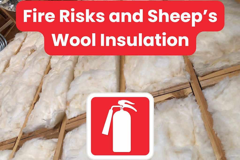 A photograph of sheep's wool insulation in a roofspace. There is a fire extinguisher symbol at the bottom of the image and the words "Fire Risks and Sheep’s Wool Insulation" across the top in white on a red background.