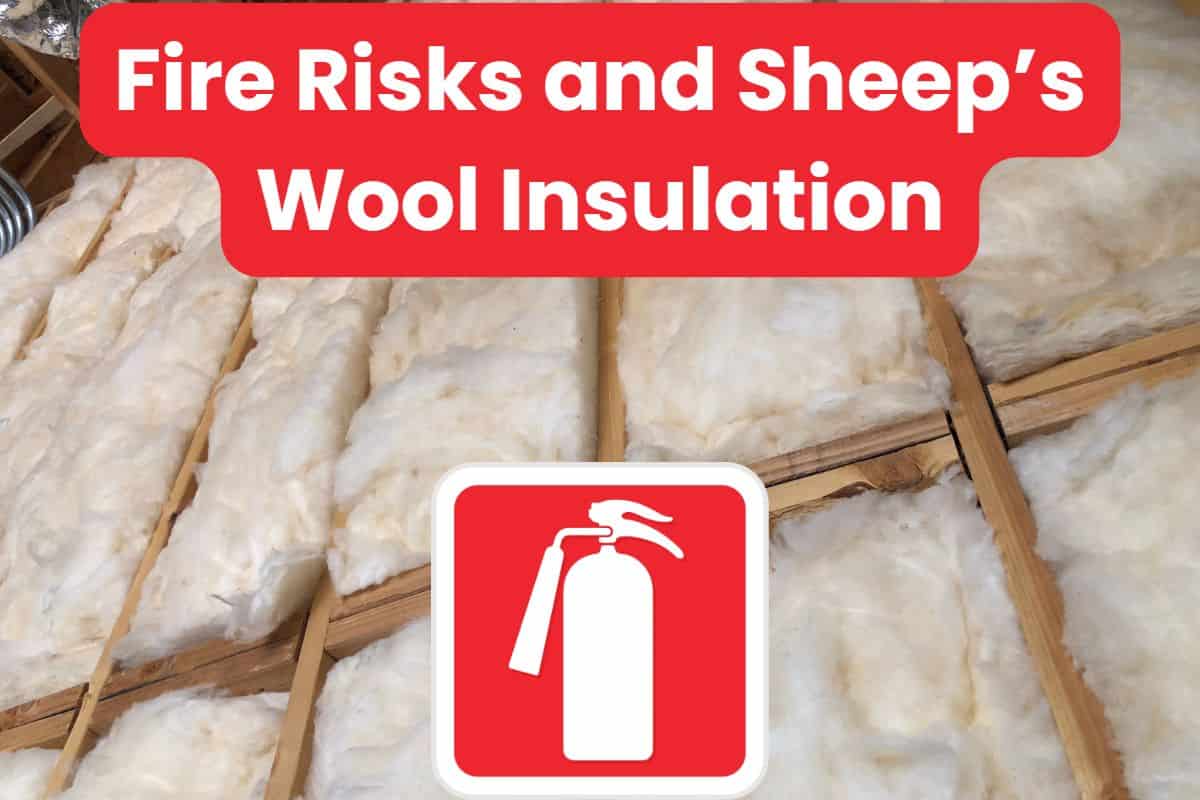 A photograph of sheep's wool insulation in a roofspace. There is a fire extinguisher symbol at the bottom of the image and the words "Fire Risks and Sheep’s Wool Insulation" across the top in white on a red background.