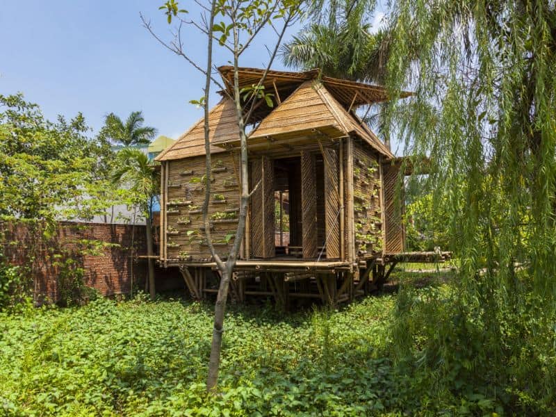 A square bamboo house on stilts above an area of dense shrubbery. The roof is pitched and has open vents that allow for ventilation.