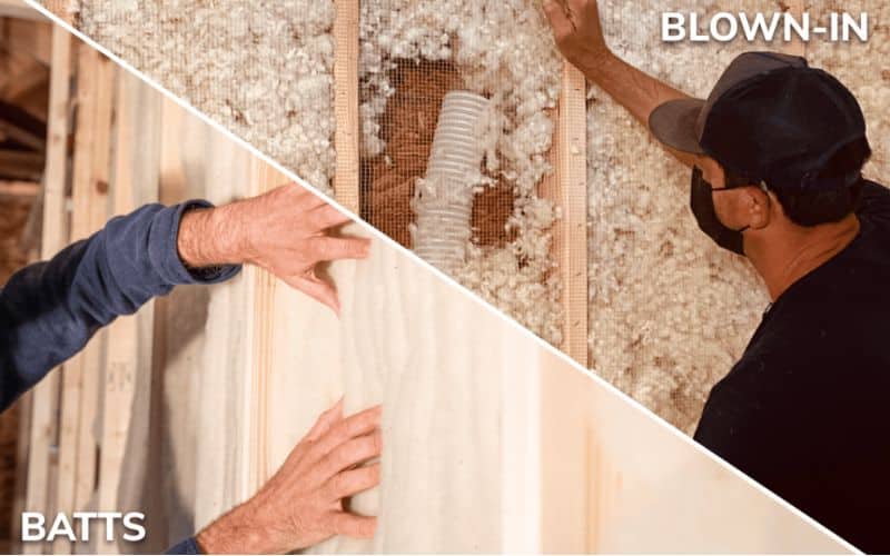 An image shown blown-in and batt insulation being installed. The batts are placed between the wall studs and are held there by friction. The blown-in insulation comprises small particles that are blown into the space between the wall studs, starting from the top. The particles are held in place by a mesh that is stapled into position across the wall studs.