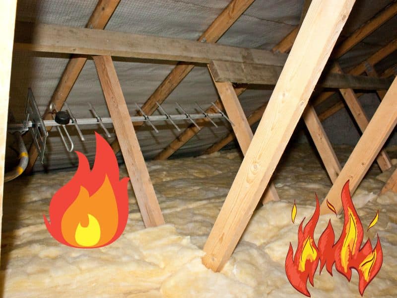 An insulated roofspace with rafters and roofing membrane visible. There are cartoon flames overlain.