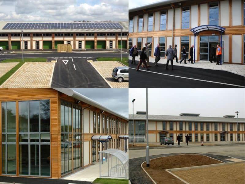 A collage of four photographs showing the Inspire Bradford Business Park in Bradford. The buildings are buff in color and the paving in the car park is a similar shade. The buildings have large windows and wooden cladding as well as a large array of solar panels on the roof.