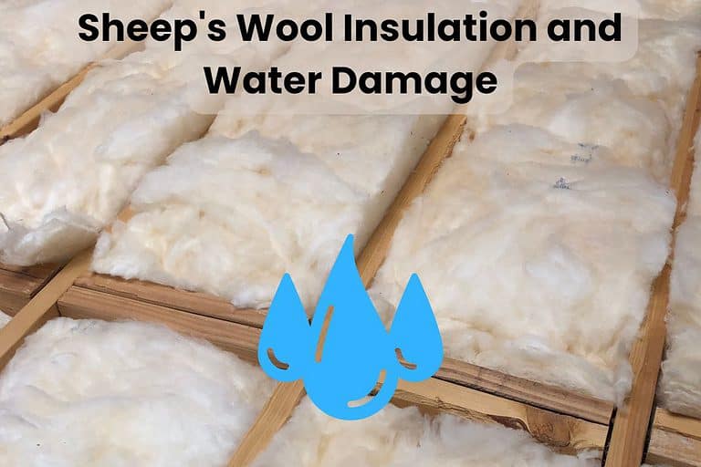 An image of sheep's wool insulation placed between wooden joists in an attic. There is in icon representing water damage with three water drops in the middle of the picture and the words "Sheep's Wool Insulation and Water Damage" across the top.