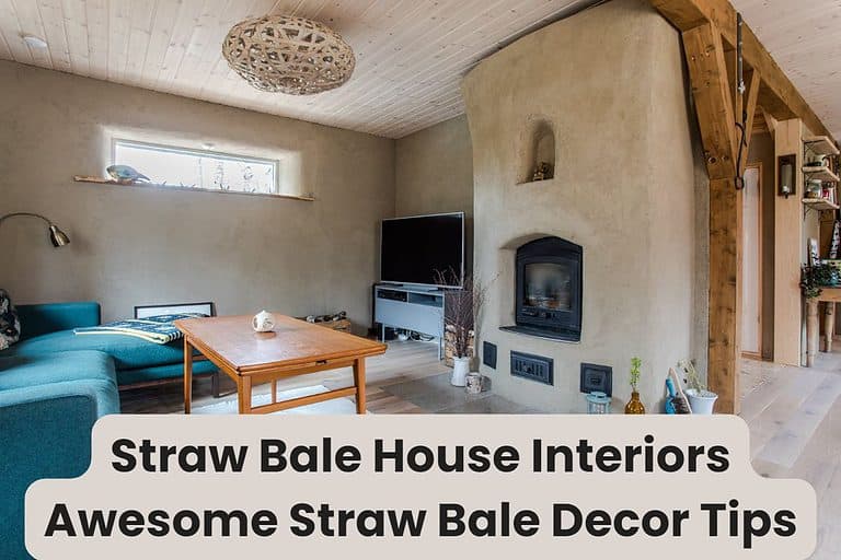 A stylish straw bale living room. There is a long, narrow window high up on the far wall and a wood burning stove set in a fireplace with rounded plaster corners. The room is furnished with a blue corner sofa and wood coffee table. The ceiling has wood panelling and a woven bamboo light shade. There is a TV in the corner of the room and the space is open plan, with another room visible to the right. Beautiful wooden posts and beams can also be seen with prominent grain. Across the bottom are the words "Straw Bale House Interiors Awesome Straw Bale Decor Tips."