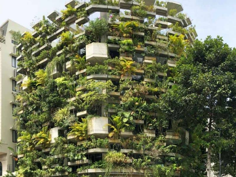 A high-rise building bursting with greenery thanks to strategic planting of trees, ferns and shrubs throughout its facade.