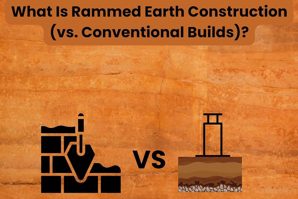 An photo of a rammed earth wall made from red-brown earth. The layers of compacted earth are clearly visible. Across the top are the words "What Is Rammed Earth Construction (vs. Conventional Builds)?" Along the bottom is a cartoon brick wall with a trowel and a cartoon of rammed earth construction with the letters "VS" in the middle.