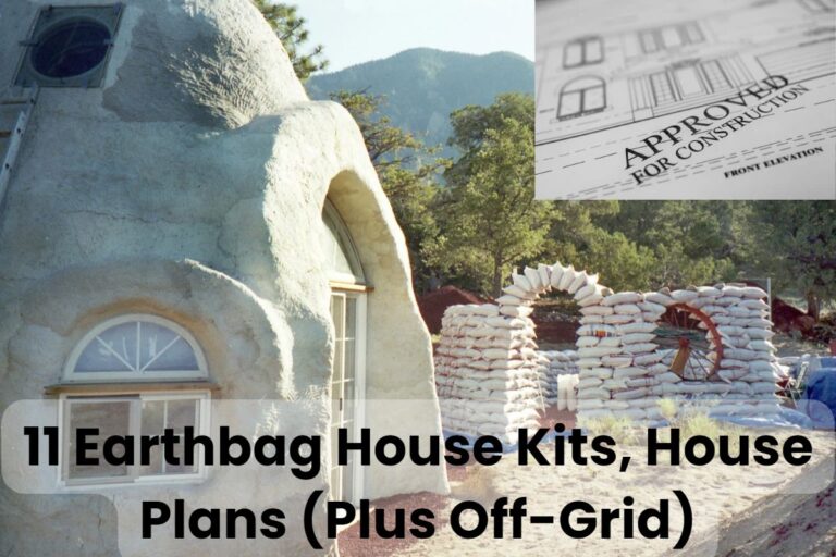 A plastered earthbag house with a partially-constructed earthbag house in the background. There are trees and mountains in the distance. Across the bottom of the image are the words "11 Earthbag House Kits, House Plans (Plus Off-Grid)." In the top right corner is a house plan front elevation with "approved for construction" written on it.