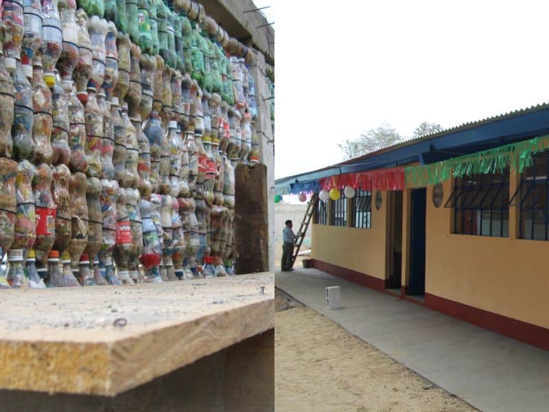 Two photos side by side. The left hand side image shows the construction of one of the walls of a "Bottle School" in Guatemala. The construction uses rows of bottles that have been stuffed with plastic trash and bound together between chicken wire. The walls are then plastered with up to three layers of sand/cement mix to provide a smooth, clean finish that is indistinguishable from a "normal" house.