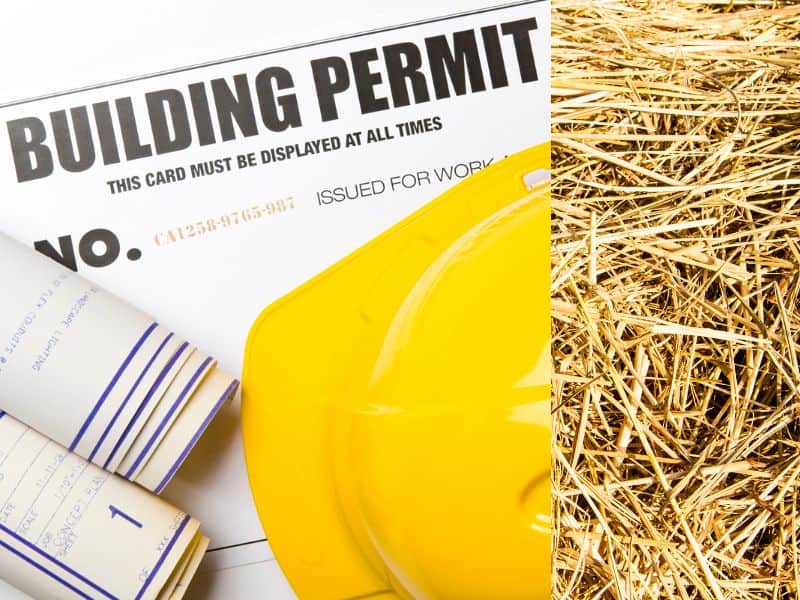 A photograph of a building permit with rolled up plans and a yellow hardhat on top. The right hand side of the image is a closeup of straw fibers.