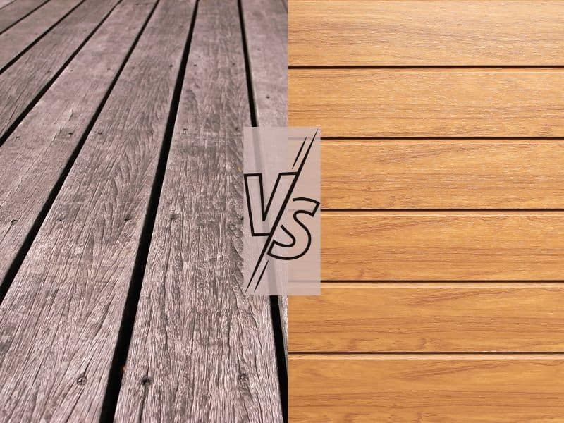 Two photographs of decking. The one on the left is somewhat weathered and clearly natural wood. The one on the right is shiny and has a regular grain pattern that gives it away as composite. In the center of the image is a "VS" icon in black with a partly-transparent gray background.