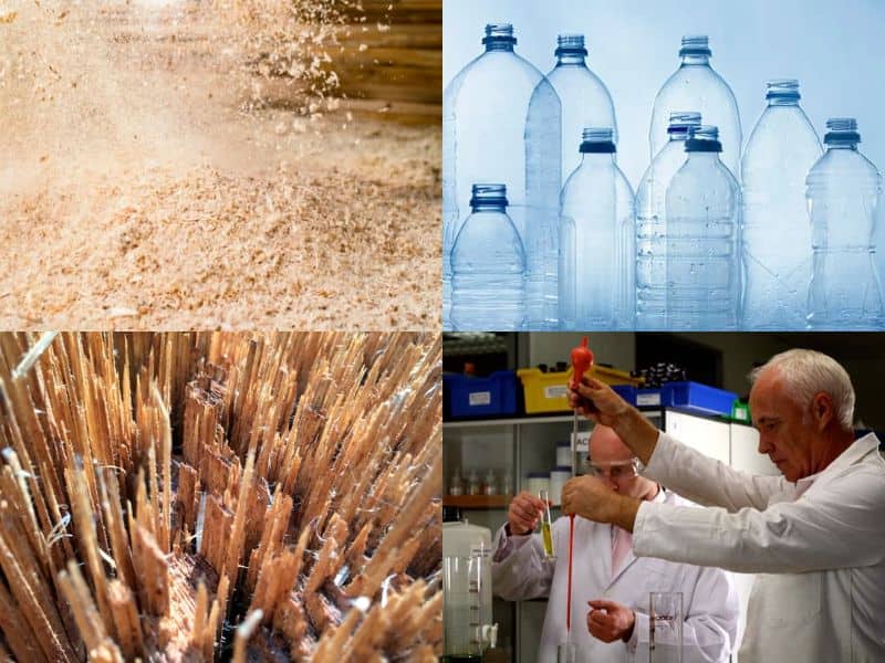 Four photographs of the same size showing materials used in the manufacture of composite decking. Clockwise from the top left: sawdust, plastic water bottles, additives (two men in lab coats measuring solutions into cylinders and flasks in a lab), and wood fibers.