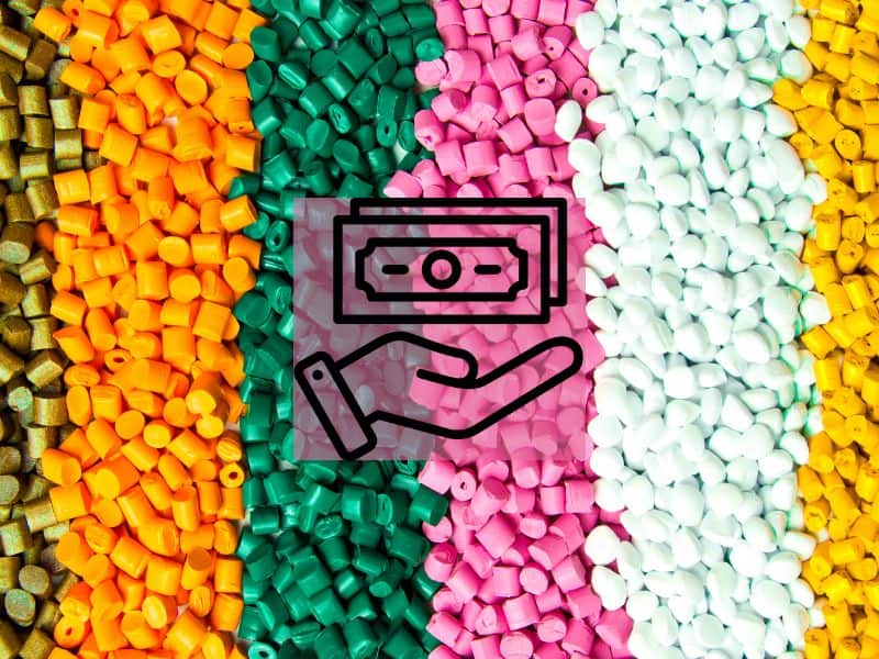 Rows of different colored recycled plastic pellets. The colors from left to right are gold, orange, green, pink, white, and yellow. In the center of the image is an icon of a hand holding some paper bank notes.