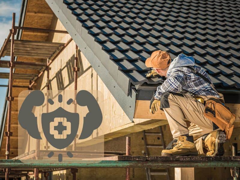 A building crouching down on scaffolding examining a recycled plastic roof tile. In the bottom left hand corner of the image is an icon showing a shield with strong arms either side.