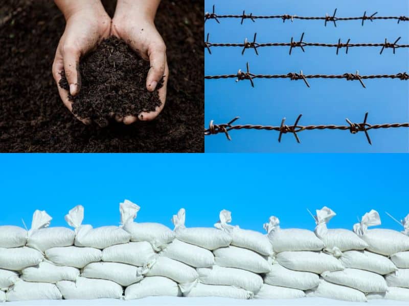 A collage of three photos. Across the bottom is an earthbag wall. In the top left are a pair of hands holding soil, and in the top right are four rows of barbed wire set against a blue sky.