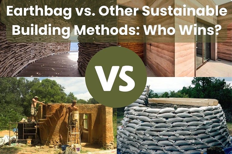 A collage of four photos showing bamboo, rammed earth, cob, and earthbag structures. Across the top of the image are the words "Earthbag vs. Other Sustainable Building Methods: Who Wins?" There is a "VS" icon in the center.