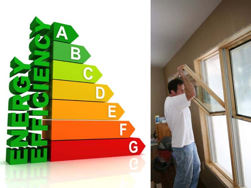 A man installing energy efficient windows in a house. He is working inside the house and wearing a white T-shirt and blue jeans. On the left of the image is a colored, stylized bar chart showing energy ratings from A to G in colors ranging from green to red. Along the Y-axis are the words "energy efficiency" written in green capital letters.