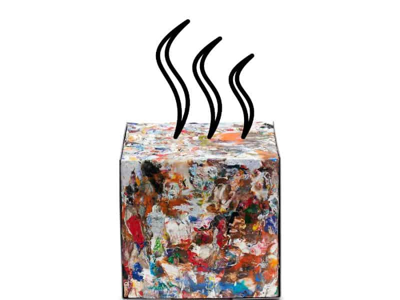 A "ByCube" made from recycled plastic. The different pieces of plastic can be seen in the sides of the cube. There are cartoon "fumes" coming from the top of the cube to indicate toxic gases emitted during its manufacture.