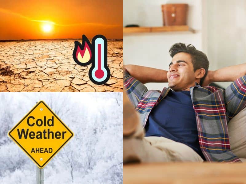 A photograph of a man relaxing with his hands behind his head and smiling in his comfortable home. In the left of the picture are two photos showing extremely cold and extremely hot weather, which the man inside is unaffected by thanks to his well-insulated home made with recycled plastic bricks. The cold weather photo has a cold weather warning road sign in it, and the hot weather picture shows a thermometer with a flame next to it.