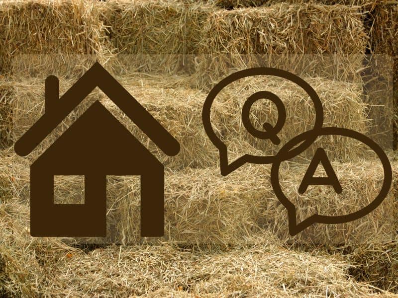 A photograph of straw bales in a stack with a cartoon house and "Q&A" speech bubbles overlain.