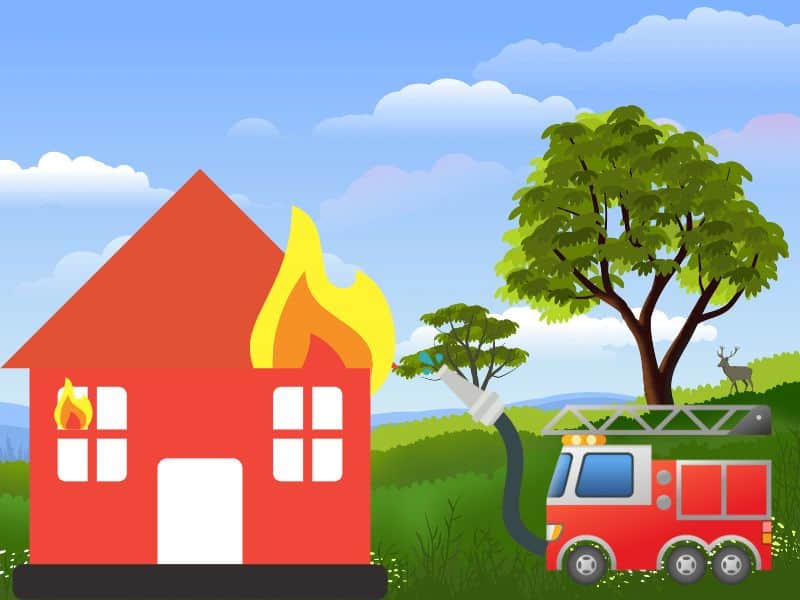 A cartoon image of a burning house with a fire engine outside that is spraying the flames with water. The house is set in the countryside with trees and a blue sky.