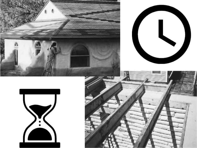 Images of old earthbag houses being built. There is also an image of an hourglass and a clock to indicate the passage of time.