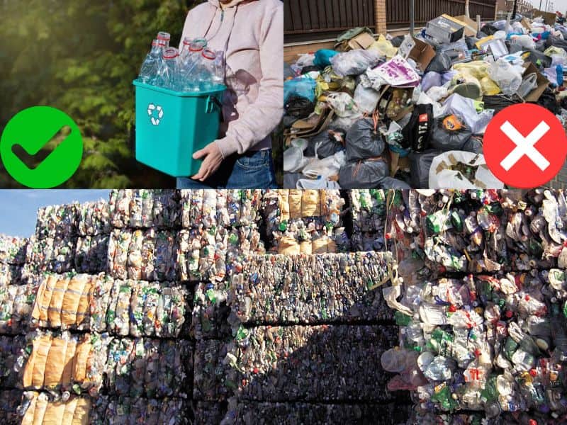 A photograph of a large stack of baled plastic waste. There are two inset photos. The inset in the top left shows nicely-sorted plastic waste in a clean recycling bin being carried by a woman; it has a green tick in the corner to indicate this is sustainable. The other inset image is in the top right and shows mixed "black bag" waste that contains lots of non-plastic and non-recyclable waste. In the bottom right of this inset image is a whit cross in a red circle to indicate that it is not sustainable.