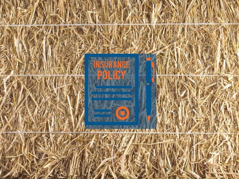 A straw bale with three twines and an icon showing an insurance policy with a pen next to it.