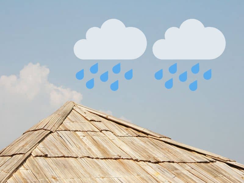 A light yellow, pitched, hipped bamboo roof. There are two cartoon clouds with rain falling out of them above the roof.