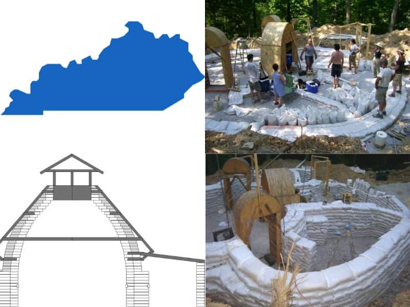 A collage of photographs of an earthbag house being built in Kentucky. There is an outline map of Kentucky in the top left.