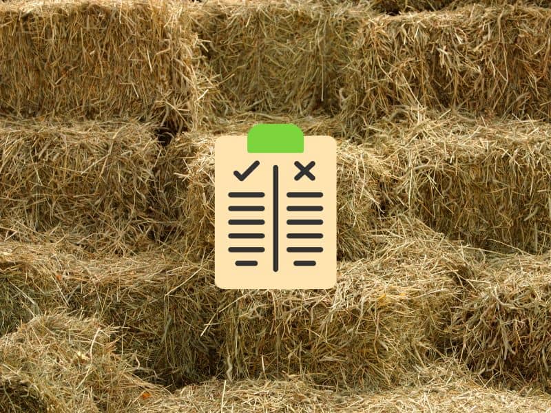 A stack of straw bales with a pros and cons icon with a tick and a cross at the top of two columns.